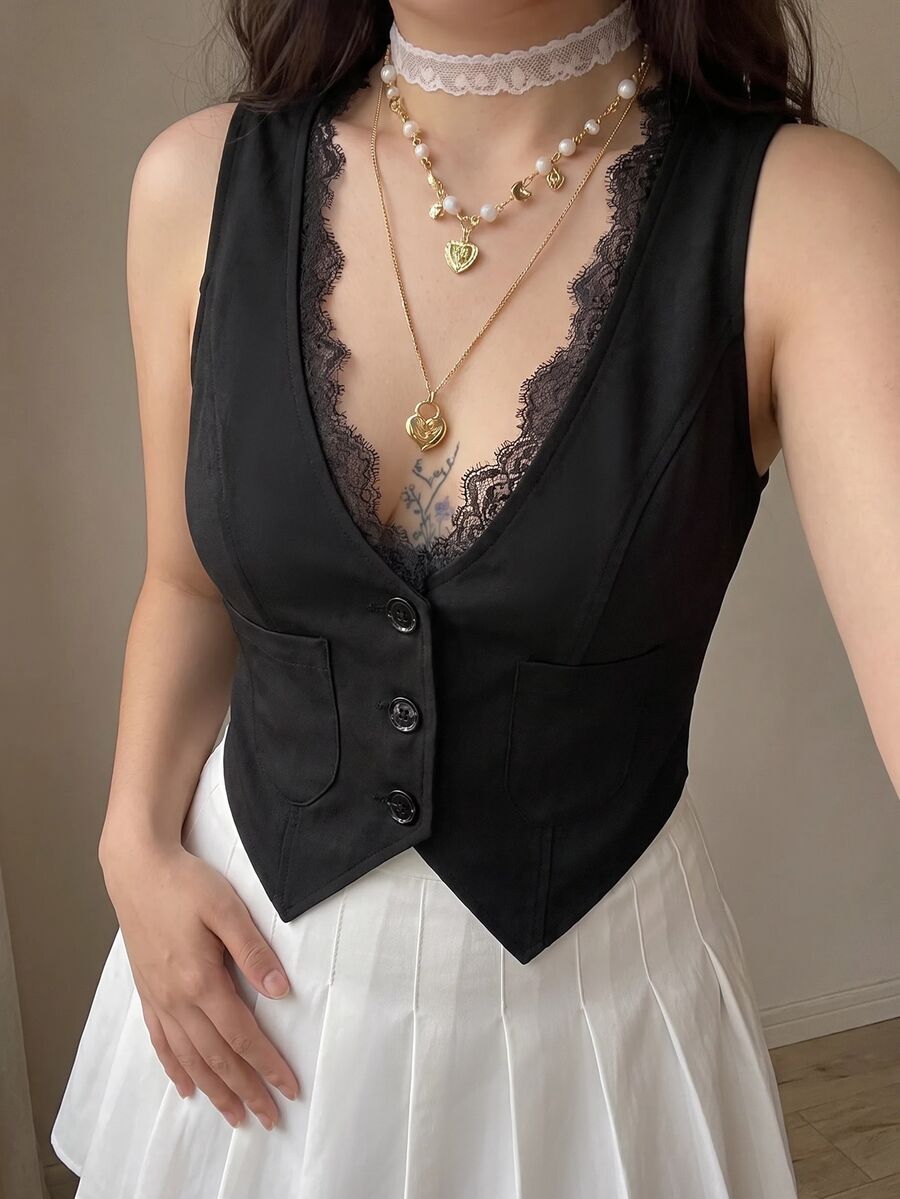 SHEIN MOD 大尺碼女款黑色蕾絲飾邊拼接無袖背心外套 - 黑色 - 查看 1