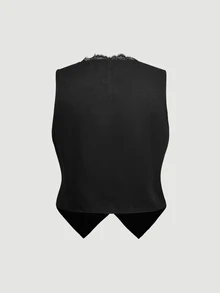 SHEIN MOD 大尺碼女款黑色蕾絲飾邊拼接無袖背心外套 - 黑色 - 查看 4