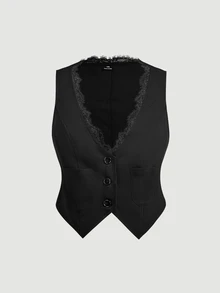 SHEIN MOD 大尺碼女款黑色蕾絲飾邊拼接無袖背心外套 - 黑色 - 查看 3