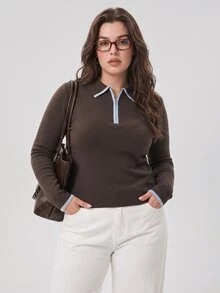 Solavibe Plus Size Dark Brown Half Zip Collared Sweater,Half Zip,Contrast Trim,Knitted Sweater In Fall/Winter,Brown Top,Fall,Office Commute,Casual Daily - Brown - View 5