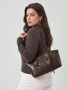 Solavibe Plus Size Dark Brown Half Zip Collared Sweater,Half Zip,Contrast Trim,Knitted Sweater In Fall/Winter,Brown Top,Fall,Office Commute,Casual Daily - Brown - View 2