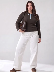 Solavibe Plus Size Dark Brown Half Zip Collared Sweater,Half Zip,Contrast Trim,Knitted Sweater In Fall/Winter,Brown Top,Fall,Office Commute,Casual Daily - Brown - View 6