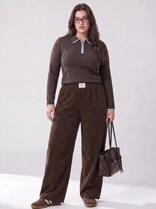 Solavibe Plus Size Dark Brown Half Zip Collared Sweater,Half Zip,Contrast Trim,Knitted Sweater In Fall/Winter,Brown Top,Fall,Office Commute,Casual Daily - Brown - View 10