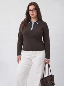 Solavibe Plus Size Dark Brown Half Zip Collared Sweater,Half Zip,Contrast Trim,Knitted Sweater In Fall/Winter,Brown Top,Fall,Office Commute,Casual Daily - Brown - View 8