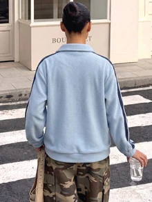 SHEIN 青少年女孩時尚淺藍色字母印花舒適側條紋拉鍊開襟抓絨外套，附獨特中國結盤扣設計 - 彩色 - 查看 2