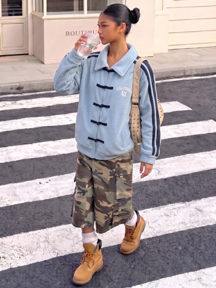 SHEIN Tween Girls Fleece Jacket Stylish Light Blue Letter Print Cozy Side Stripe Zipper Fly Sweatshirt Coat With Unique Chinese Knot Frog Button Detail - Multicolor - View 3