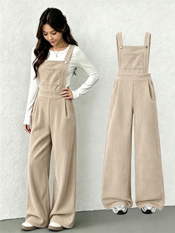 SHEIN Tween Girls Autumn/Winter Ribbed Corduroy Adjustable Buckle Elastic Waist Jumpsuit, Suitable For Autumn/Winter, Daily Wear, Outings, Travel, Commuting