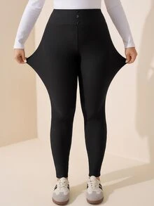 SHEIN LUNE 大尺碼女款純色休閒百搭日常穿著緊身內搭褲 - 黑色 - 查看 7