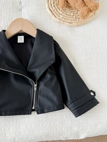 LMoss Kids 女嬰編織純色PU皮革休閒秋季夾克，加厚款，適合冬季 - 黑色 - 查看 6