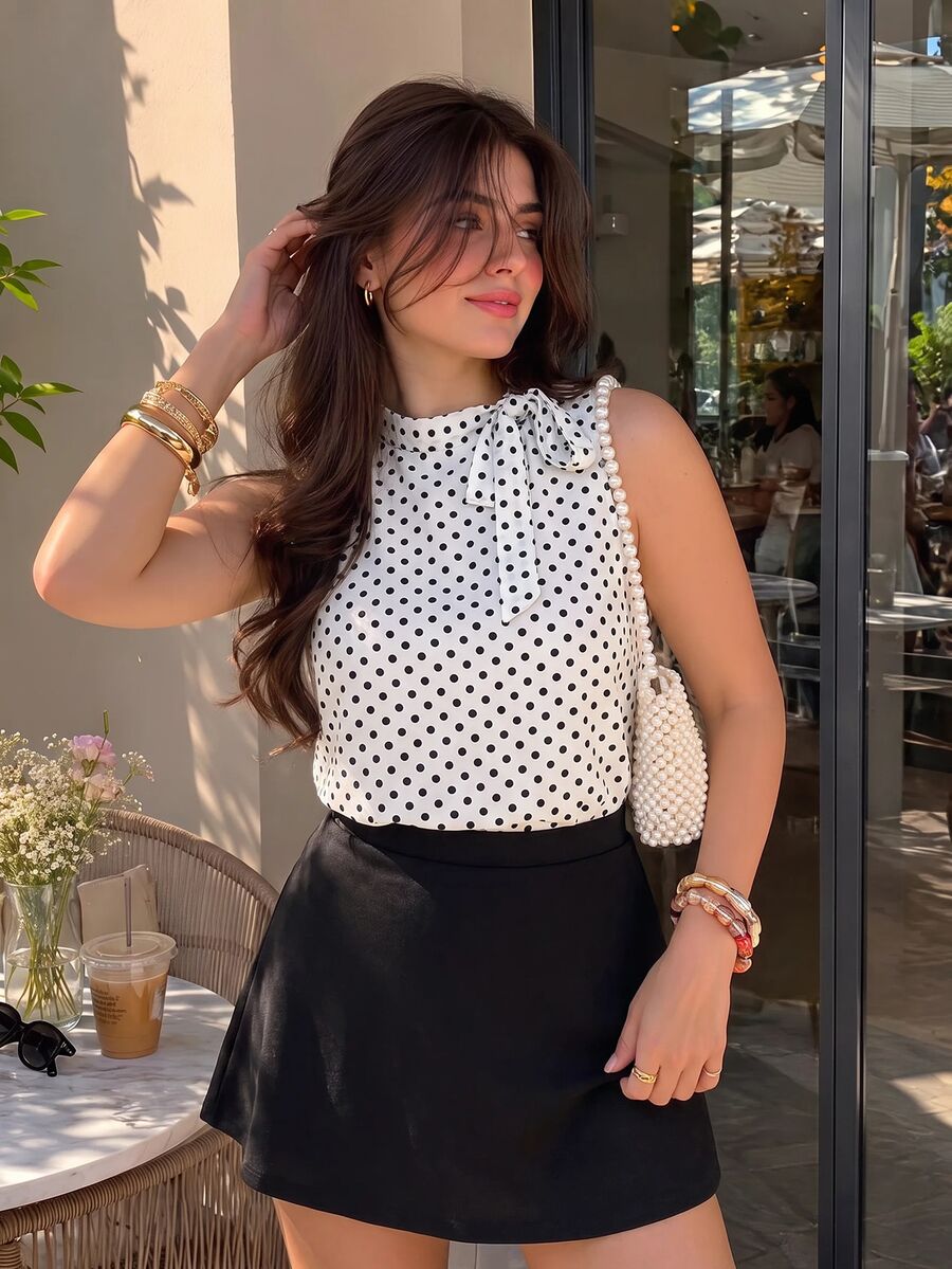 SHEIN MOD Plus Size Women's Set, Polka Dot Bow Sleeveless Top And A-Line Mini Skirt - Black and White - View 1