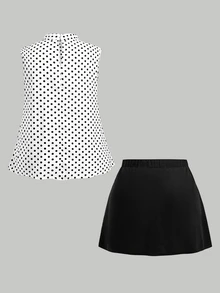 SHEIN MOD 大尺碼女款套裝，圓點蝴蝶結無袖上衣與A字迷你裙 - 黑與白 - 查看 5