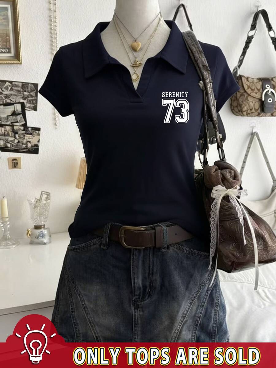 Lalippa 女士字母印花翻领短袖休闲上衣 - 寶藍色 - 查看 1