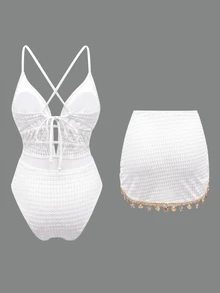 Swim Oasis-D Women's Solid Color Spaghetti Strap Front Shell Chain Decor Two Pieces Bikini - White - View 2