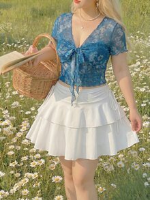 SHEIN MOD 大尺碼女款短袖花卉領結T恤 - 霧霾藍 - 查看 4