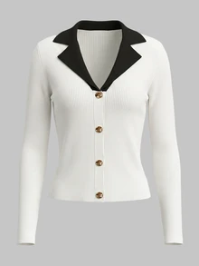 Balvessa Women's All-Season Colorblock Patchwork Turn-Down Collar Button-Front Long Sleeve Slim Fit Fashion Casual Elegant New Sweater - Multicolor - View 6