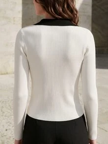 Balvessa Women's All-Season Colorblock Patchwork Turn-Down Collar Button-Front Long Sleeve Slim Fit Fashion Casual Elegant New Sweater - Multicolor - View 2