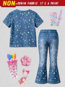 1 Set Young Girls Sweet Cool Style Cherry Short Sleeve Top And Flared Pants, Suitable For Shopping, Photo Taking And Spring/Autumn - Multicolor - View 2