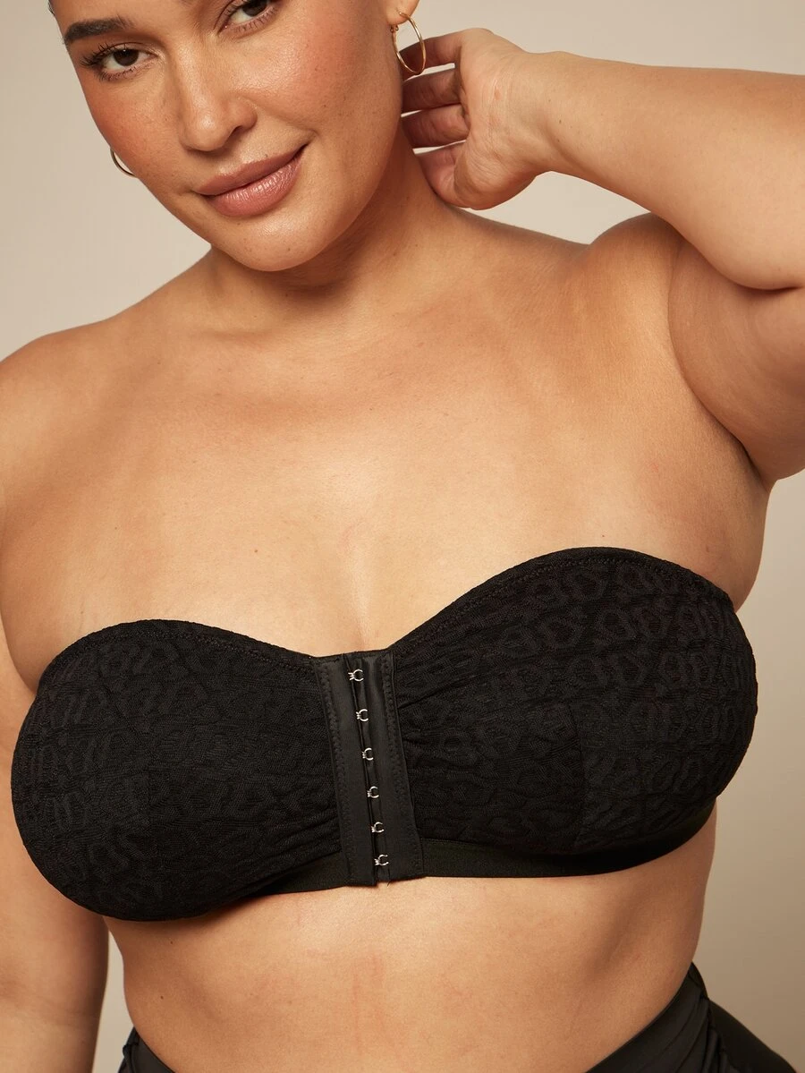 SHEIN BAE CURVE Plus Size Women Romantic Lace Front Button Closure Strapless Bra - Black - View 1