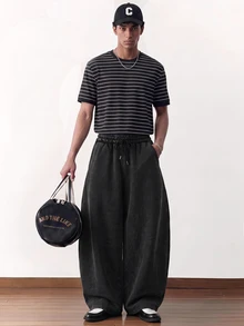 SWAVVY 男士休閒寬鬆黑色寬腿長褲，時尚運動褲，純色與水洗設計，適合春夏秋，街頭風、外出、日常穿著，附口袋，運動 - 黑色 - 查看 4