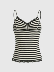 ROMWE Black & Apricot Striped Lace Patchwork Fitted Camisole - Multicolor - View 2
