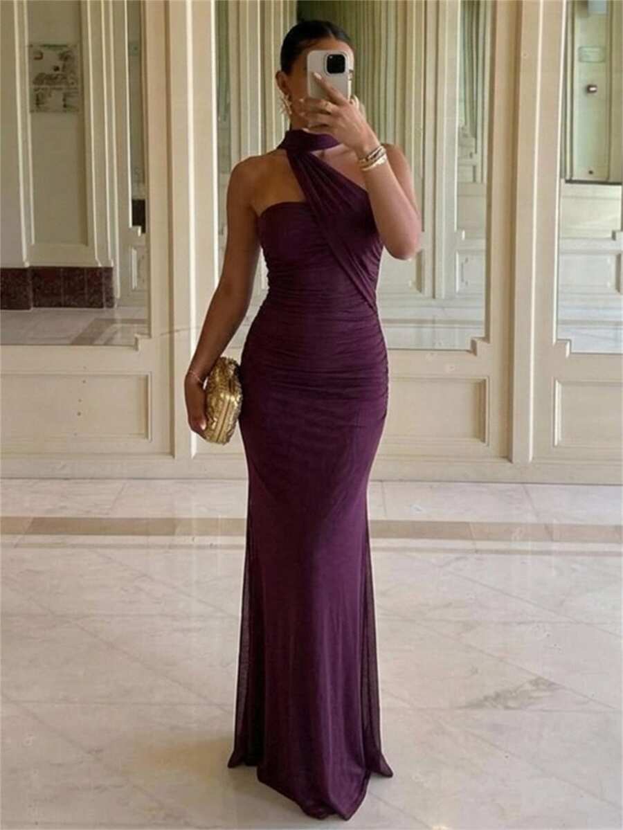 Aloruh 女款優雅性感深紫色修身網紗長洋裝，波浪領，適合派對晚宴正式場合、返校日、婚禮賓客夏季婚禮