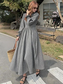 FRIFUL Women's Fashion College Style Pleated Dress With Flared Cuffs Fall - Black - View 1