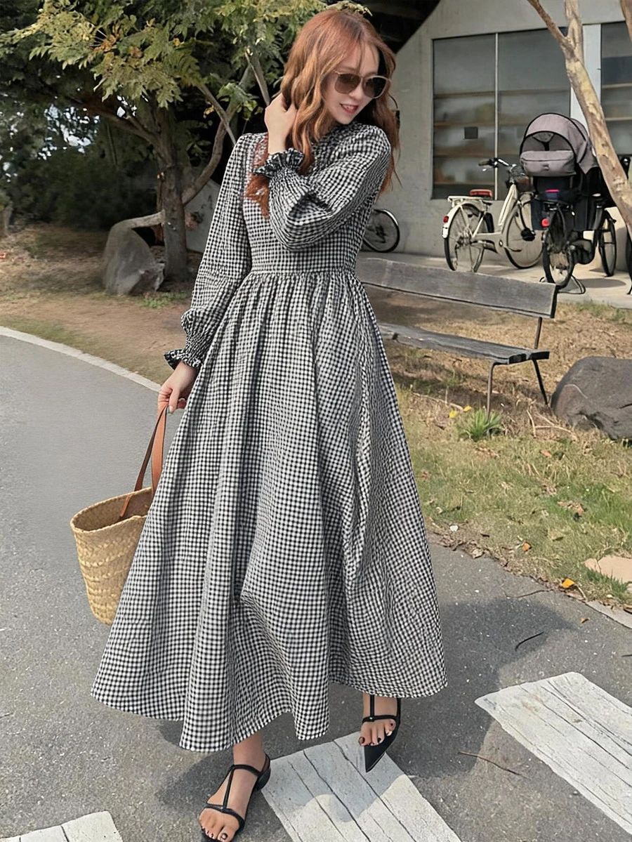 FRIFUL Women's Fashion College Style Pleated Dress With Flared Cuffs Fall - Black - View 1