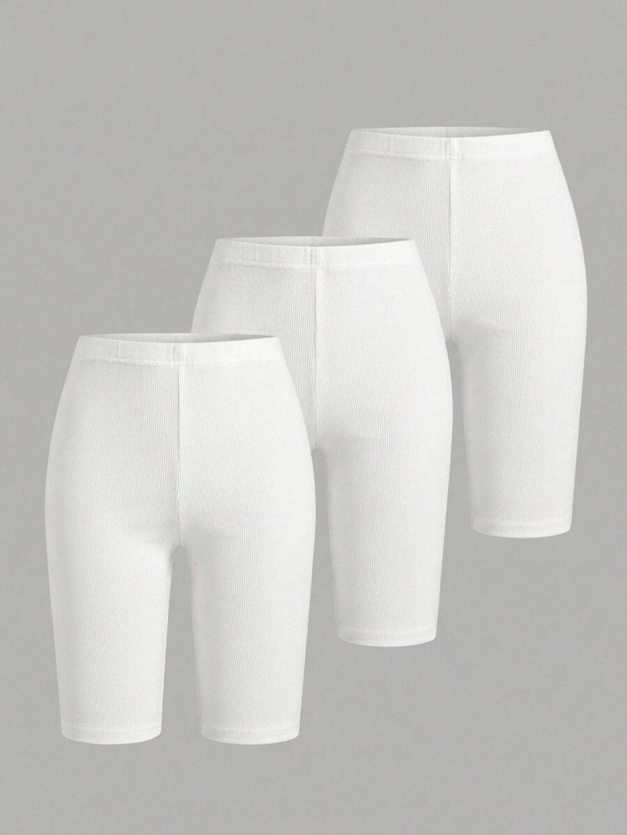 SHEIN 3PCS Tween Girl Solid Color Elastic Waist Casual Base Shorts - White - View 1