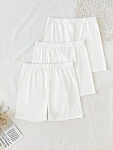 SHEIN 3PCS Tween Girl Solid Color Elastic Waist Casual Base Shorts - White - View 7