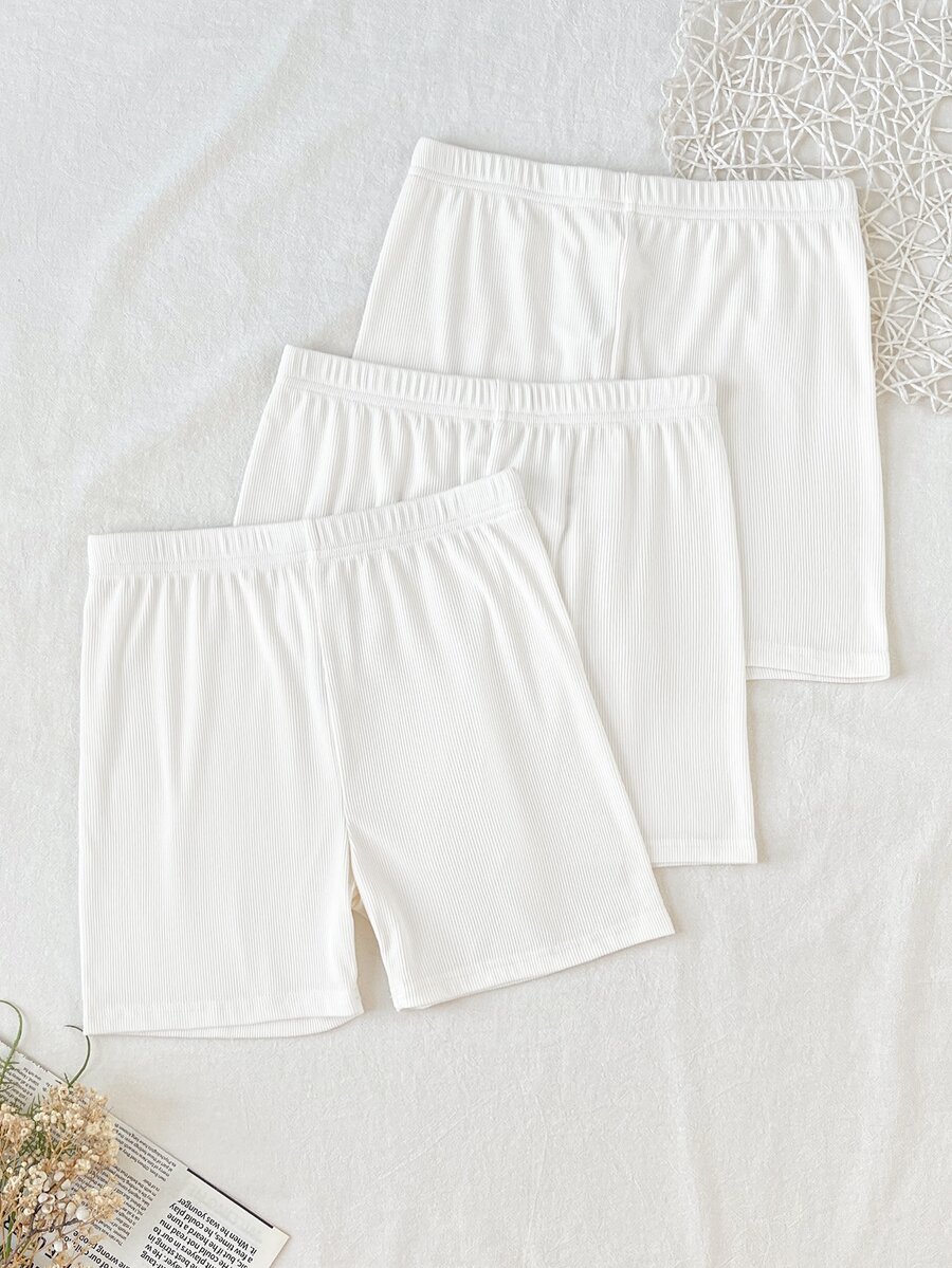 SHEIN 3PCS Tween Girl Solid Color Elastic Waist Casual Base Shorts - White - View 1