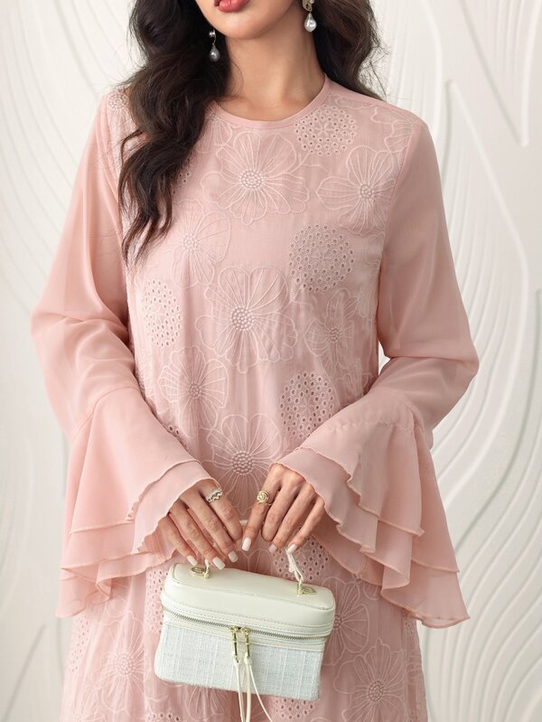 Yasmyna Pink Embroidered Lace Long Double-Layer Bell Sleeve Loose Casual Date Commute Elegant Arabian Dress