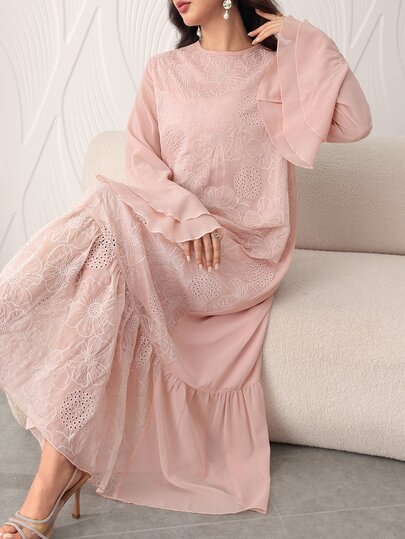 Yasmyna Pink Embroidered Lace Long Double-Layer Bell Sleeve Loose Casual Date Commute Elegant Arabian Dress