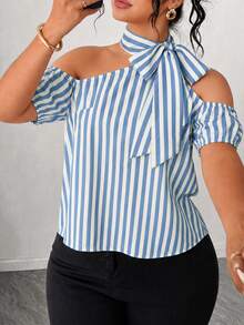 SHEIN LUNE Plus Size Women's New Casual Commute Open Shoulder Bow Tie Top - Multicolor - View 4