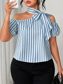 SHEIN LUNE Plus Size Women's New Casual Commute Open Shoulder Bow Tie Top - Multicolor - View 3