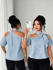 SHEIN LUNE Plus Size Women's New Casual Commute Open Shoulder Bow Tie Top - Multicolor - View 5