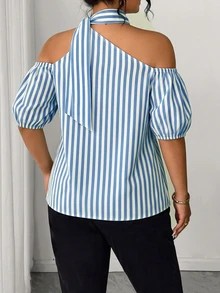 SHEIN LUNE Plus Size Women's New Casual Commute Open Shoulder Bow Tie Top - Multicolor - View 2