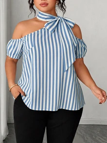 SHEIN LUNE Plus Size Women's New Casual Commute Open Shoulder Bow Tie Top - Multicolor - View 6