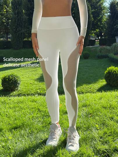 Fluxe Women High Waist Slim Leggings Anti UV Cooling High Stretch Soft Comfortable Petal Scallop Mesh Lace Detail White Ankle Length Yoga Active Pants
