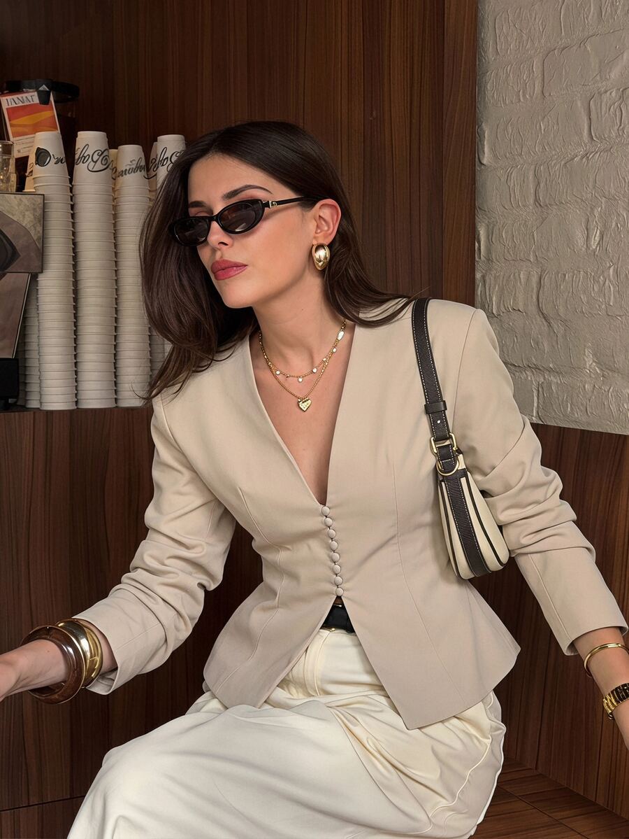 Siren Gaze Women's Fall Winter Beige Cream Collarless Deep V Neck Button Up Cinched Waist Blazer - Elegant Office Work Party Dinner Going Out Jacket Coat - Apricot - View 1