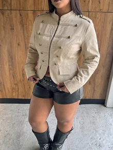 Muchica Plus Size Women's Solid Color Stand Collar Zipper Casual Versatile Everyday Jacket Fall - Khaki - View 8