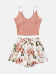 SHEIN VCAY Conjunto De Dos Piezas Halter Con Adornos De Conchas Y Top De tank Y Pantalones Cortos Florales Para El Verano - Rosa - Ver 4