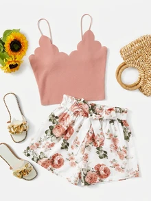 SHEIN VCAY Conjunto De Dos Piezas Halter Con Adornos De Conchas Y Top De tank Y Pantalones Cortos Florales Para El Verano - Rosa - Ver 2