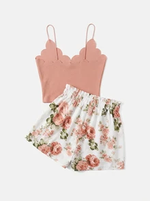 SHEIN VCAY Conjunto De Dos Piezas Halter Con Adornos De Conchas Y Top De tank Y Pantalones Cortos Florales Para El Verano - Rosa - Ver 3