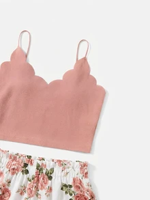 SHEIN VCAY Conjunto De Dos Piezas Halter Con Adornos De Conchas Y Top De tank Y Pantalones Cortos Florales Para El Verano - Rosa - Ver 5