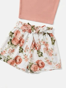 SHEIN VCAY Conjunto De Dos Piezas Halter Con Adornos De Conchas Y Top De tank Y Pantalones Cortos Florales Para El Verano - Rosa - Ver 6
