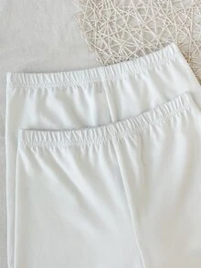 SHEIN 2PCS Tween Girl Solid Color Elastic Waist Casual Base Shorts - White - View 3