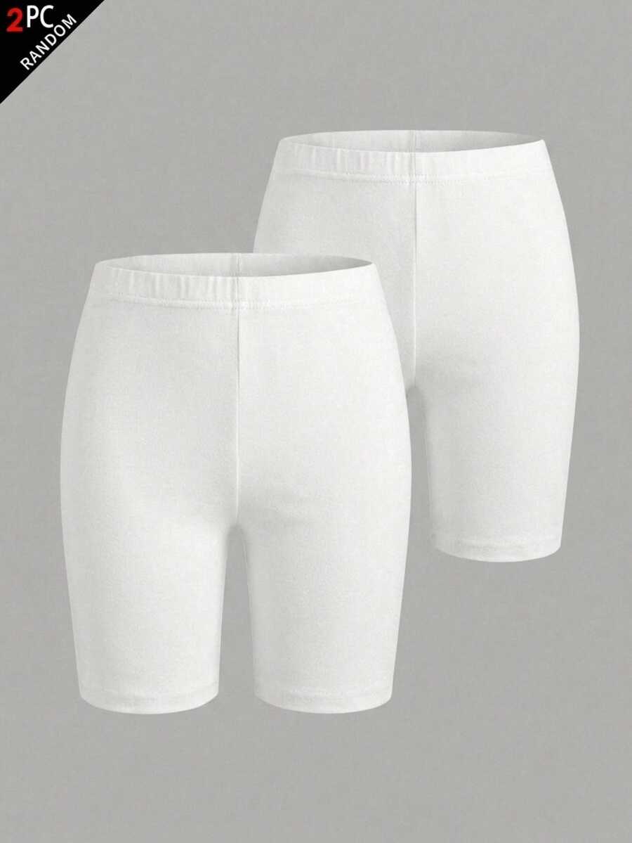 SHEIN 2PCS Tween Girl Solid Color Elastic Waist Casual Base Shorts - White - View 1