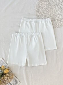 SHEIN 2PCS Tween Girl Solid Color Elastic Waist Casual Base Shorts - White - View 2