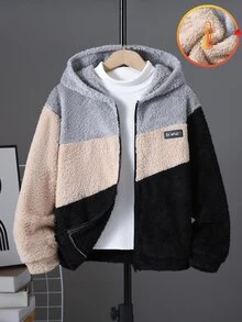 SHEIN 兒童青少年男孩絎縫拼接毛巾刺繡背心，搭配聖誕冬季運動衫與秋季襯衫 - 黑色 - 查看 3
