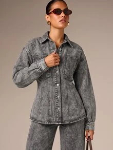 AiiRZ Acid Wash Denim Corset Shacket With Long Balloon Sleeves Chest Pockets Button Down Fitted Waist Jacket - Grey - View 1